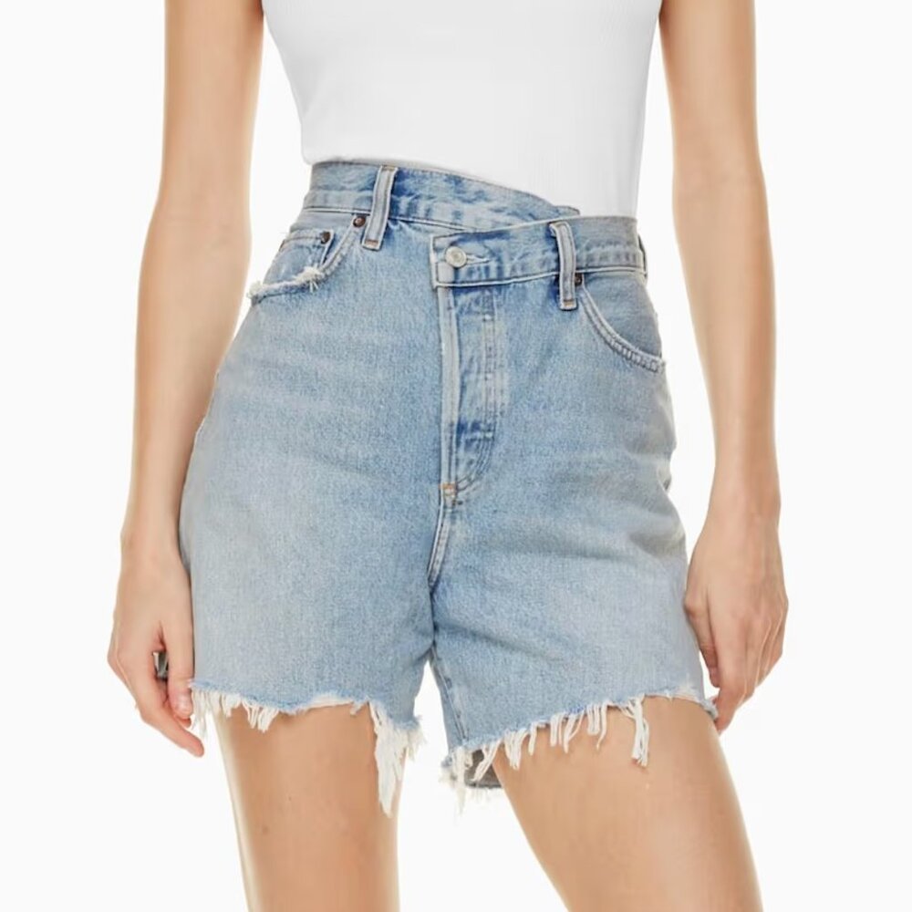 AGOLDE High-Rise Criss Cross Distressed Denim Shorts